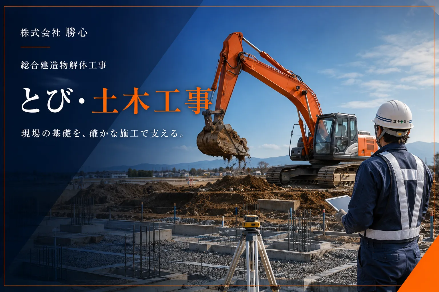 福岡県那珂川市の株式会社勝心によるとび・土木工事のイメージ。重機で掘削する基礎工事の現場を作業員が確認する様子。