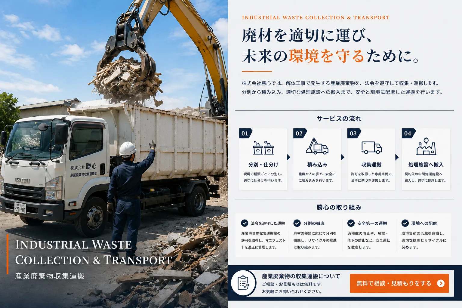 福岡県那珂川市の株式会社勝心による産業廃棄物収集運搬のイメージ。解体現場で発生した廃材を分別し、重機で収集運搬車両へ積み込む作業を表現。